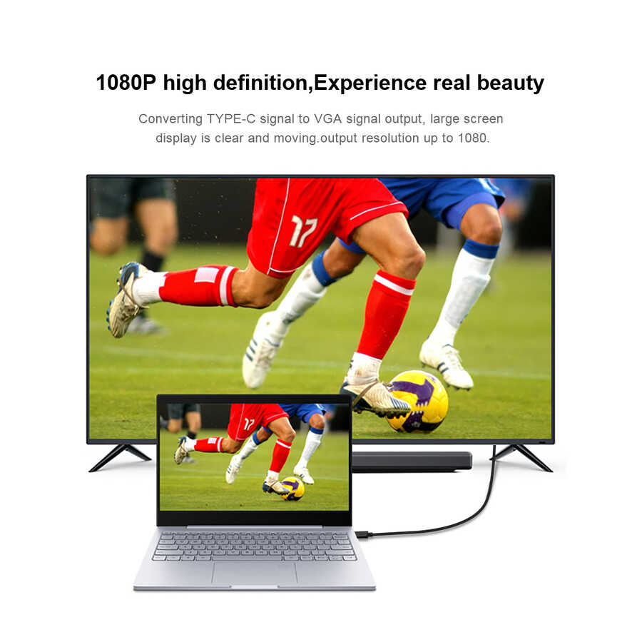 Qgeem QG-UA17 Type-C to VGA Adaptörü Yüksek Çözünürlüklü Dönüştürücü Kablo 1080p 60Hz 3 metre