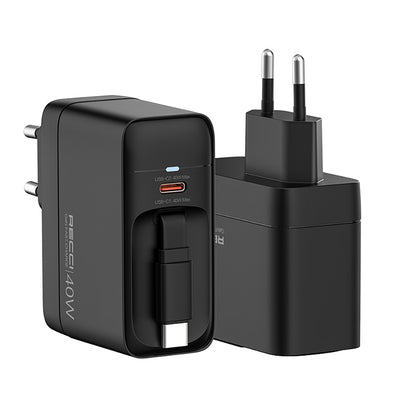 Recci RC102E GaN Teknolojili Hızlı Şarj Başlığı USB-A to Type-C PD 40W Type-C Kablolu Şarj Seti