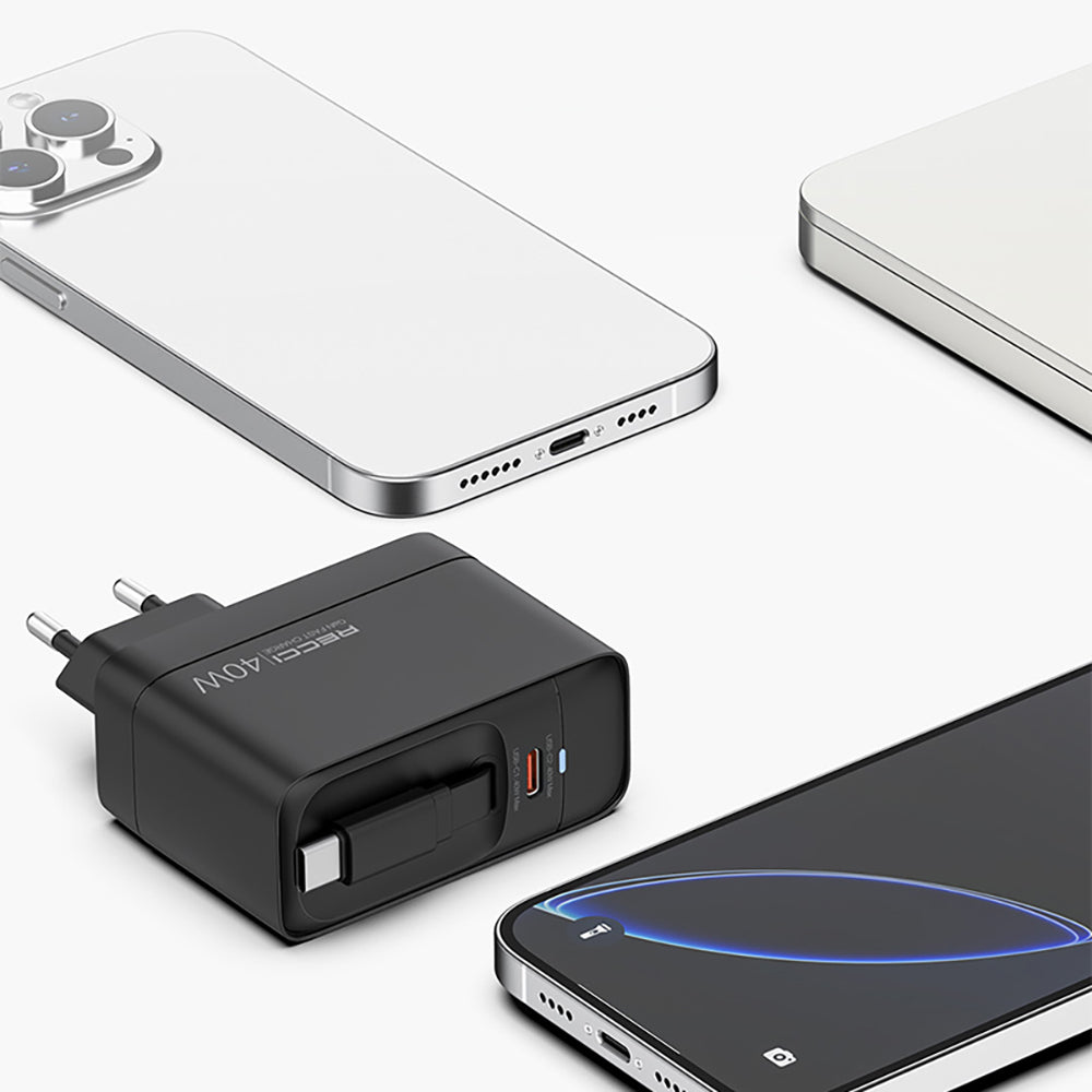 Recci RC102E GaN Teknolojili Hızlı Şarj Başlığı USB-A to Type-C PD 40W Type-C Kablolu Şarj Seti