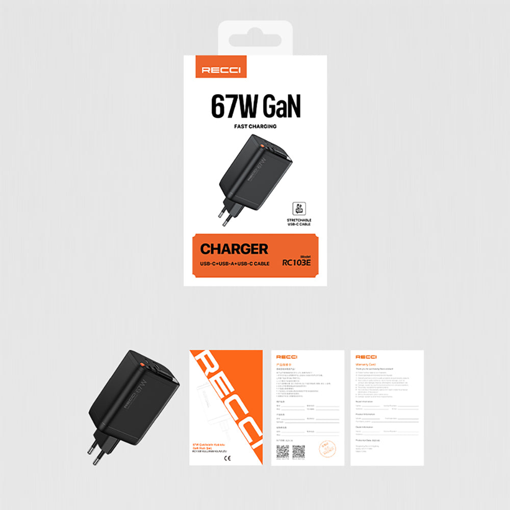 Recci RC103E GaN Teknolojili Hızlı Şarj Başlığı USB-A to Type-C PD 67W Type-C Kablolu Şarj Seti