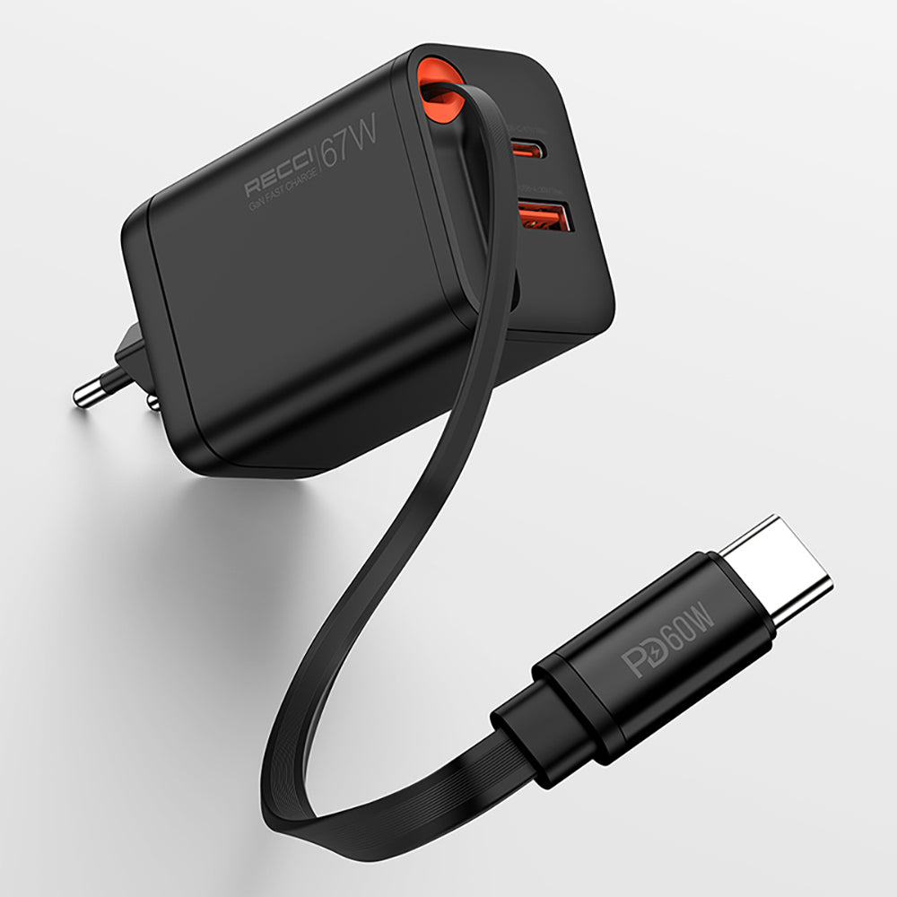 Recci RC103E GaN Teknolojili Hızlı Şarj Başlığı USB-A to Type-C PD 67W Type-C Kablolu Şarj Seti