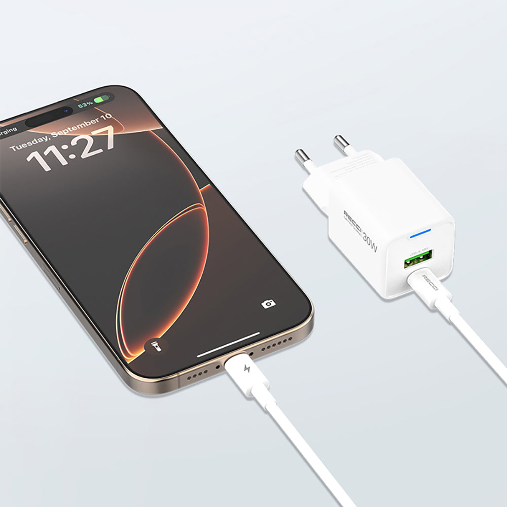 Recci RC107E Type-C PD & USB-A GaN Teknolojili Hızlı Şarj Başlığı 30W