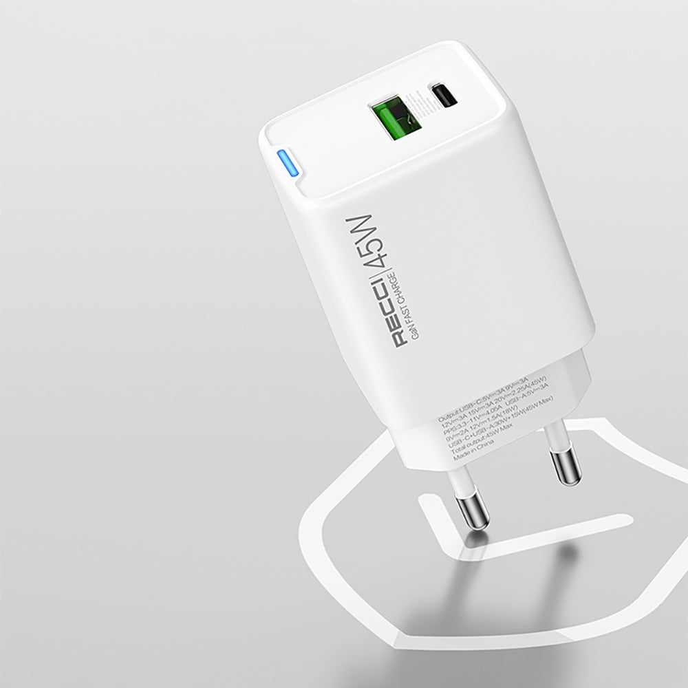 Recci RC108E GaN Teknolojili Hızlı Şarj Başlığı Type-C to Type-C PD 45W Kablolu Şarj Seti