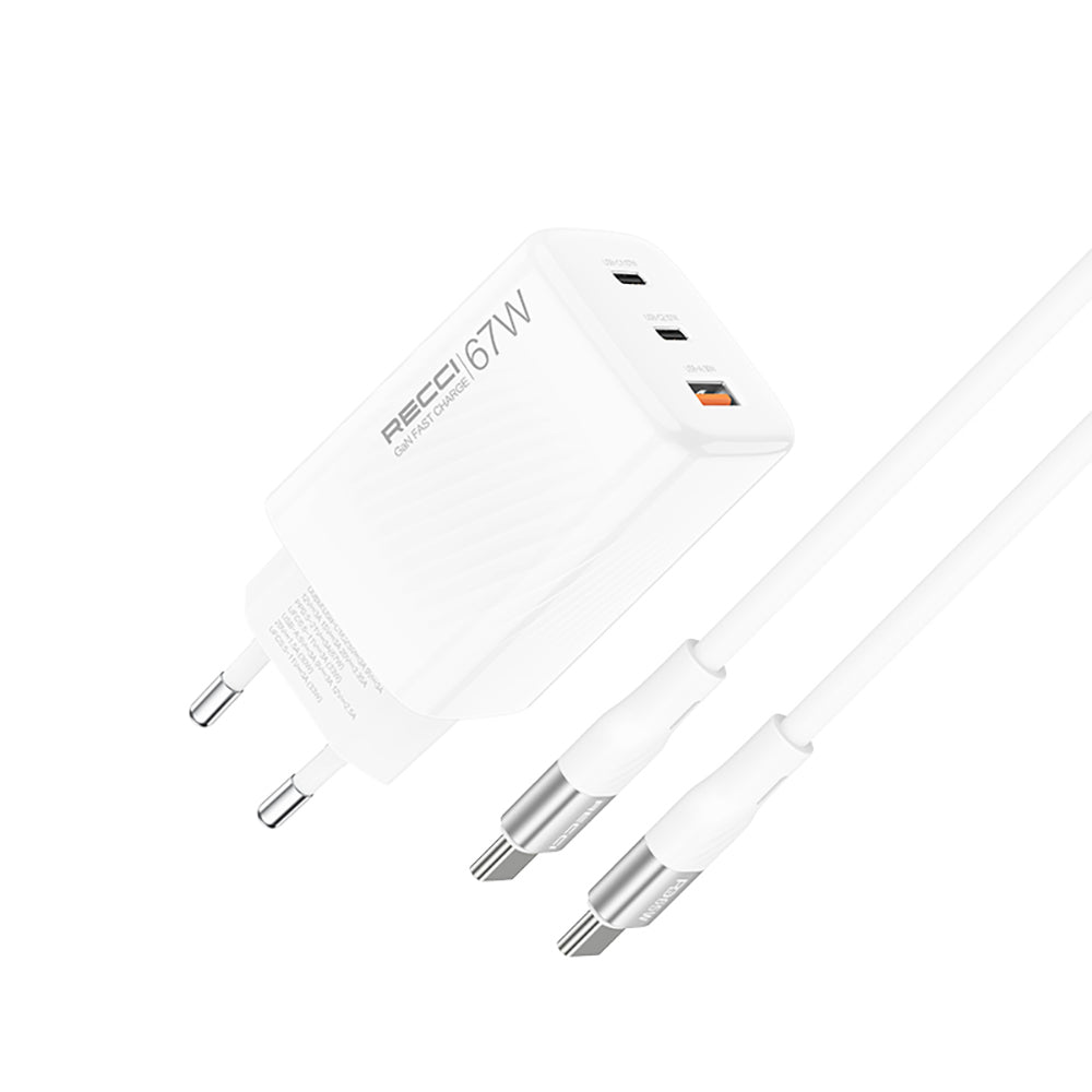 Recci RC85E GaN Teknolojili Hızlı Şarj Başlığı USB-A to Type-C PD 67W Kablolu Şarj Seti