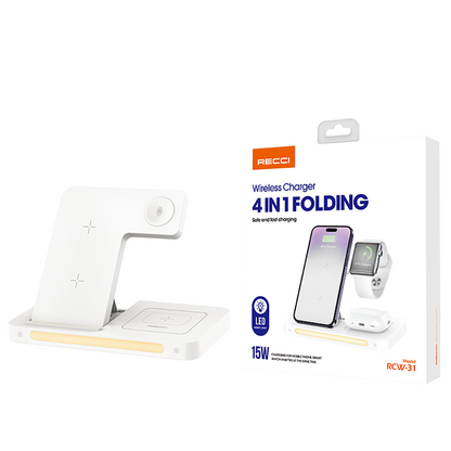 Recci RCW-31 4in1 M-safe 15W Hızlı Şarj Özellikli LED Işıklı Magnetik Kablosuz Şarj Standı