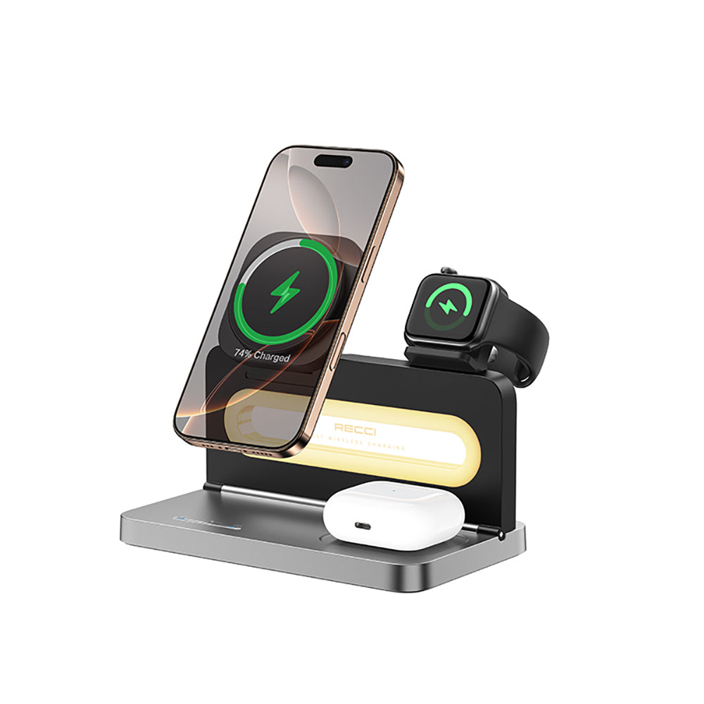 Recci RCW-49 Ambiyans Işıklı Telefon&Akıllı Saat&Kulaklık 15W 4in1 Kablosuz Şarj Standı