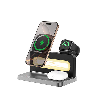 Recci RCW-49 Ambiyans Işıklı Telefon&Akıllı Saat&Kulaklık 15W 4in1 Kablosuz Şarj Standı