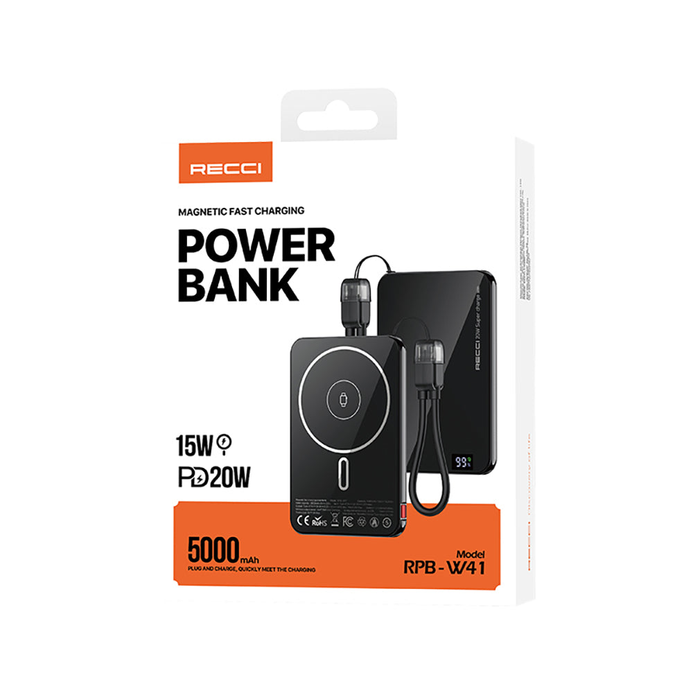 Recci RPB-W41 PD 20W Ultra İnce Hızlı Şarj Özellikli Type-C Kablolu Powerbank 15W 5000mAh