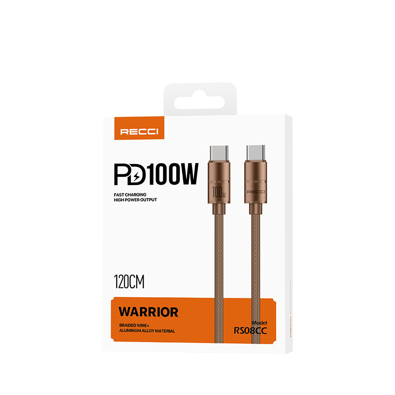 Recci RS08CC Warrior Serisi Type-C to Type-C 100W Hızlı Şarj Özellikli Data ve Şarj Kablosu 1.2M