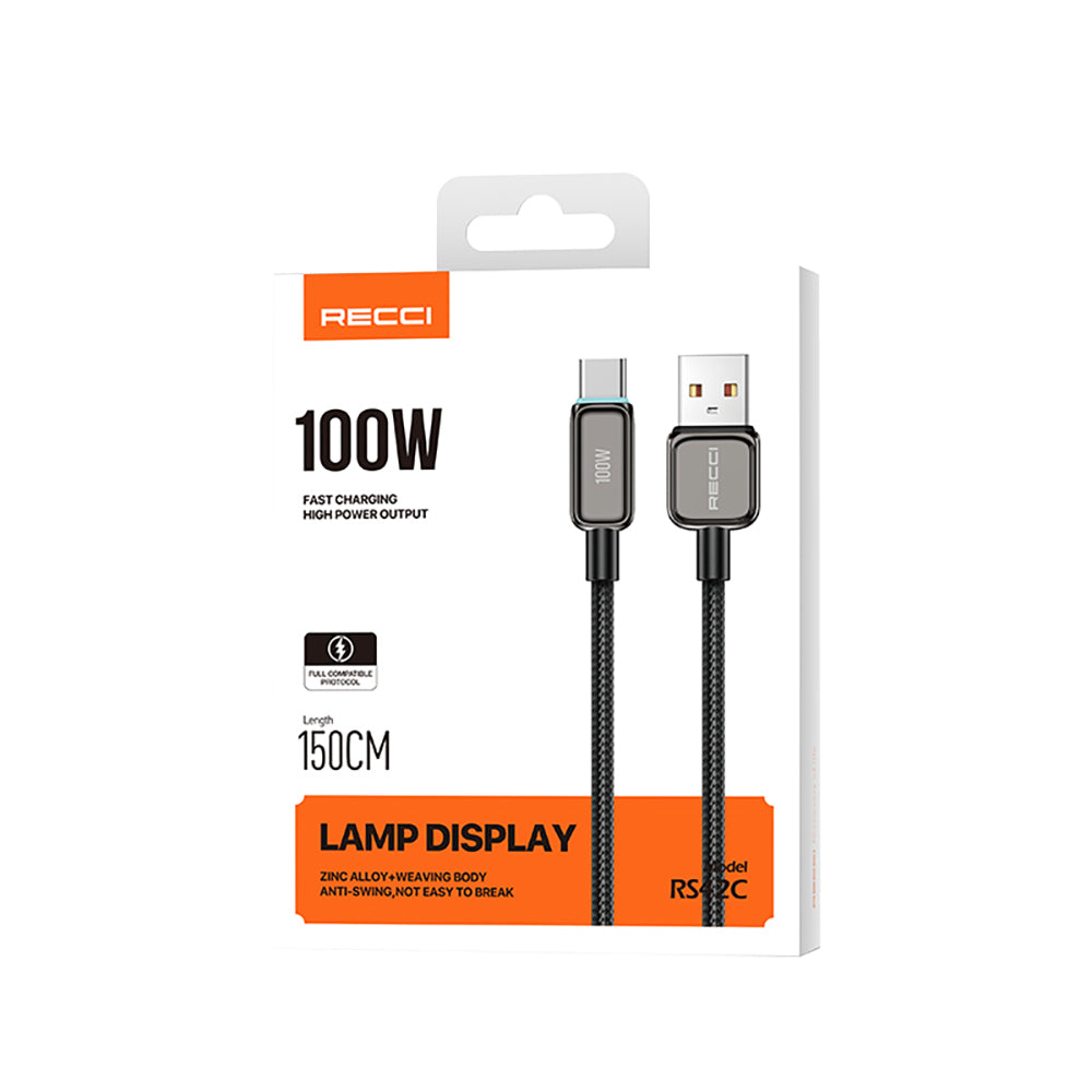 Recci RS42C Lamp Display Serisi USB-A to Type-C 100W Hızlı Şarj Özellikli Data ve Şarj Kablosu 1.5M