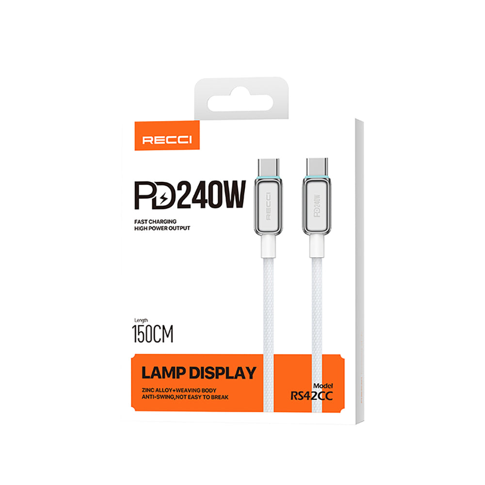 Recci RS42CC Lamp Display Serisi Type-C to Type-C PD 240W Hızlı Şarj Özellikli Data ve Şarj Kablosu 1.5M