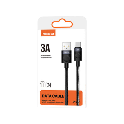 Recci RS50C USB-A to Type-C Örgü Tasarımlı Hızlı Şarj Özellikli Data ve Şarj Kablosu 1M