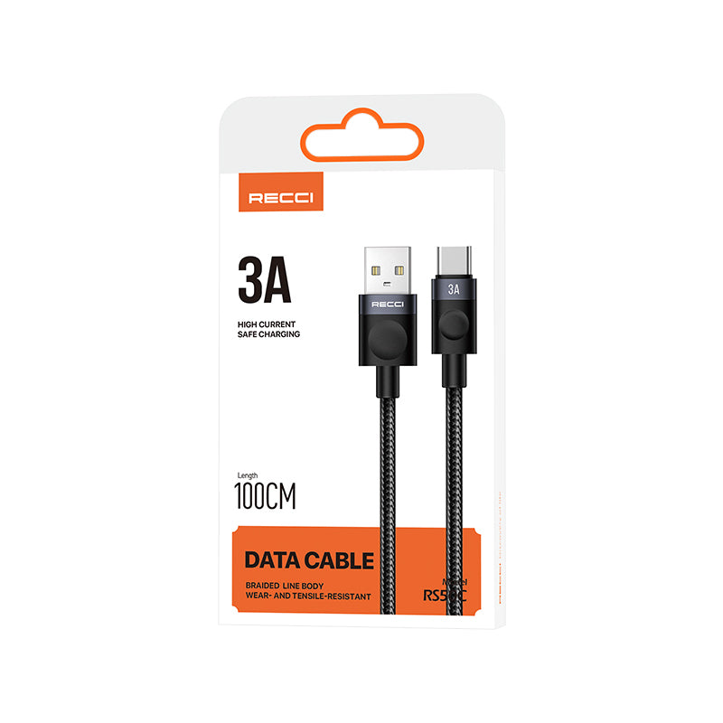 Recci RS50C USB-A to Type-C Örgü Tasarımlı Hızlı Şarj Özellikli Data ve Şarj Kablosu 1M