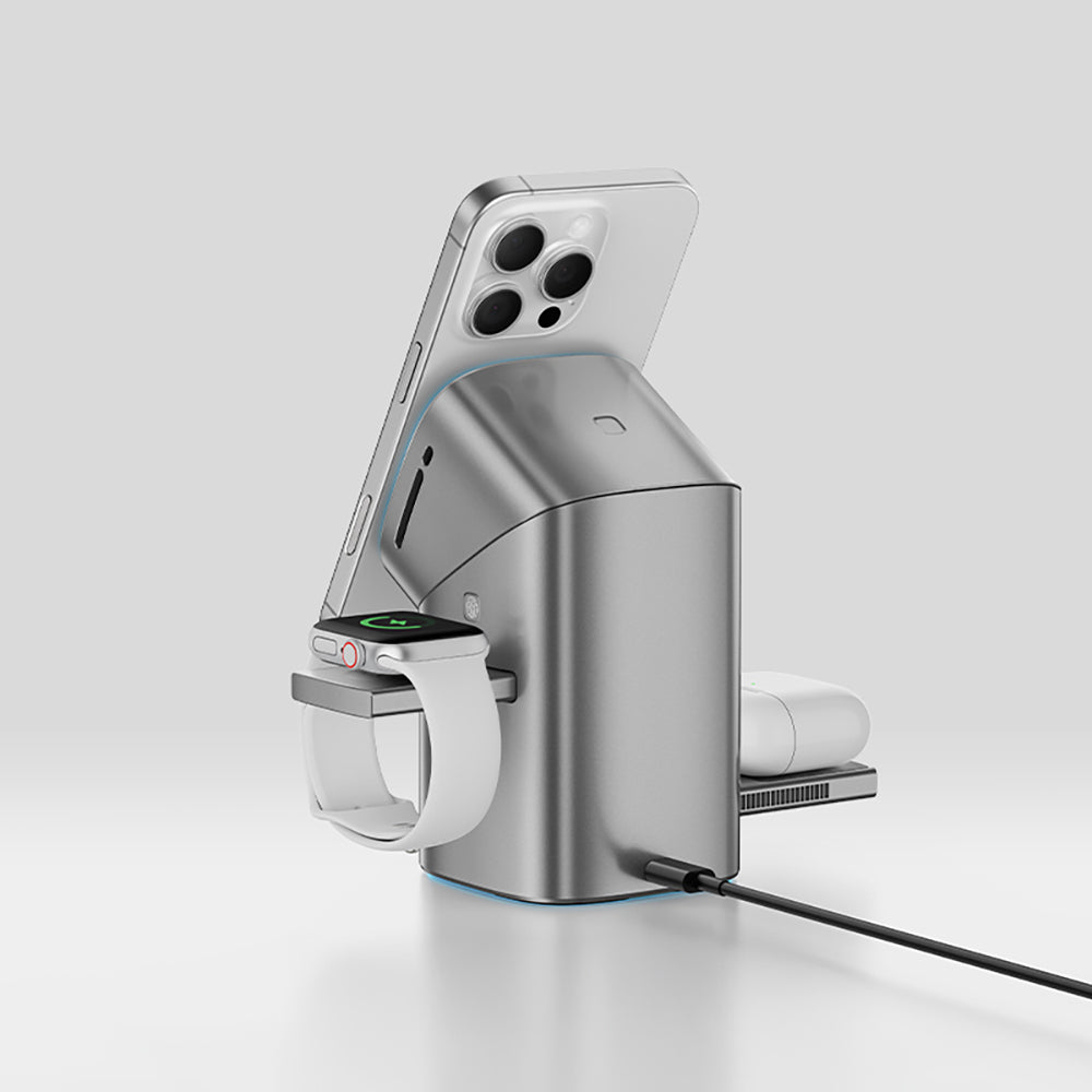 Recci RW05 Qi2 Şarj Teknolojili Ambiyans Işıklı Telefon&Akıllı Saat&Kulaklık 15W 3in1 Kablosuz Şarj Standı