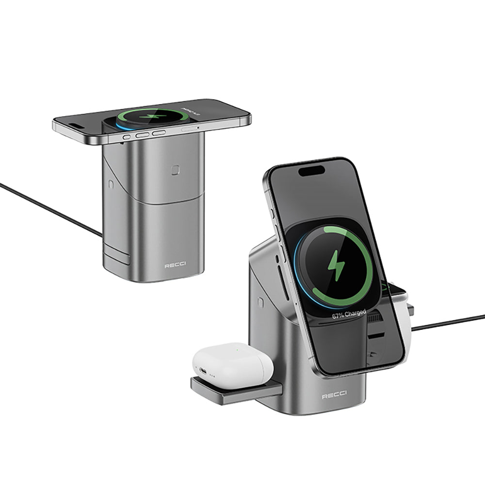 Recci RW05 Qi2 Şarj Teknolojili Ambiyans Işıklı Telefon&Akıllı Saat&Kulaklık 15W 3in1 Kablosuz Şarj Standı