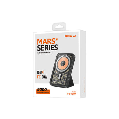 Recci W07 Şeffaf Tasarım Standlı 15W M-safe Şarj Özellikli 20W PD Hızlı Şarj Powerbank 5000mAh