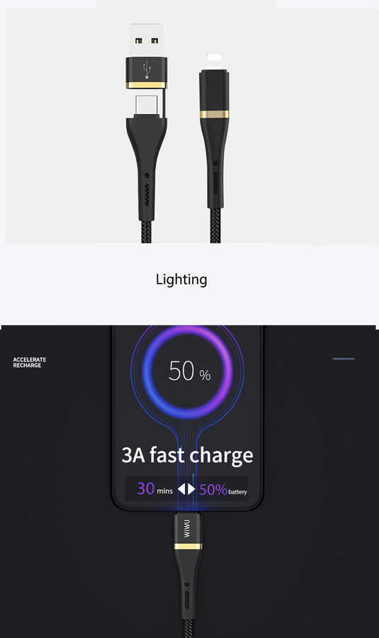 Wiwu ED-105 2 in 1 USB A- Type-C to Lightning Elite Data Kablo