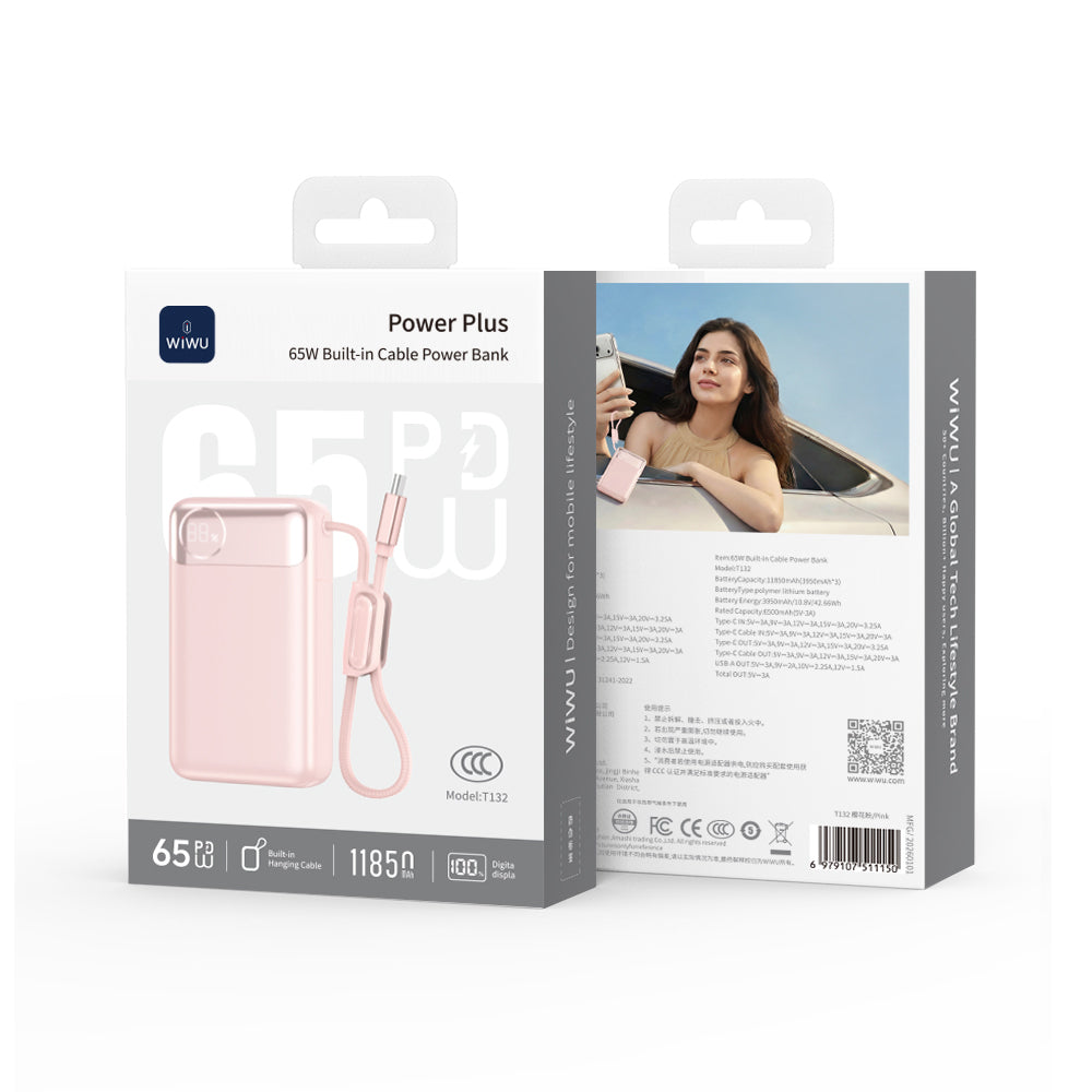 Wiwu T132 Power Plus Serisi Type-C Kablolu PD Powerbank 65W 12000mAh