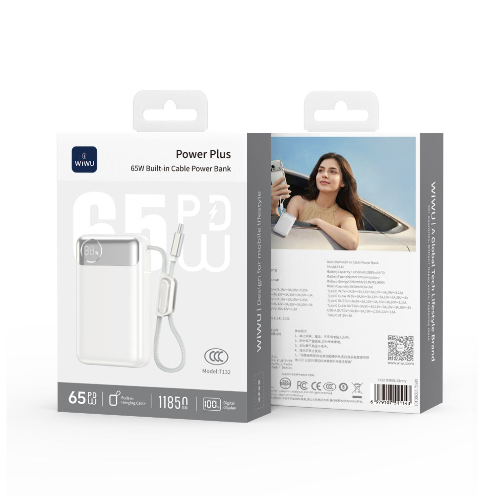 Wiwu T132 Power Plus Serisi Type-C Kablolu PD Powerbank 65W 12000mAh