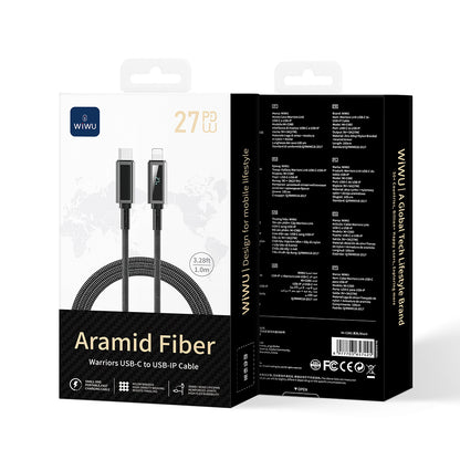 Wiwu Wi-C080 Warriors Serisi Aramid Fiber Dijital LED Göstergeli Type-C to Lightning PD Data ve Şarj Kablosu 27W 1M