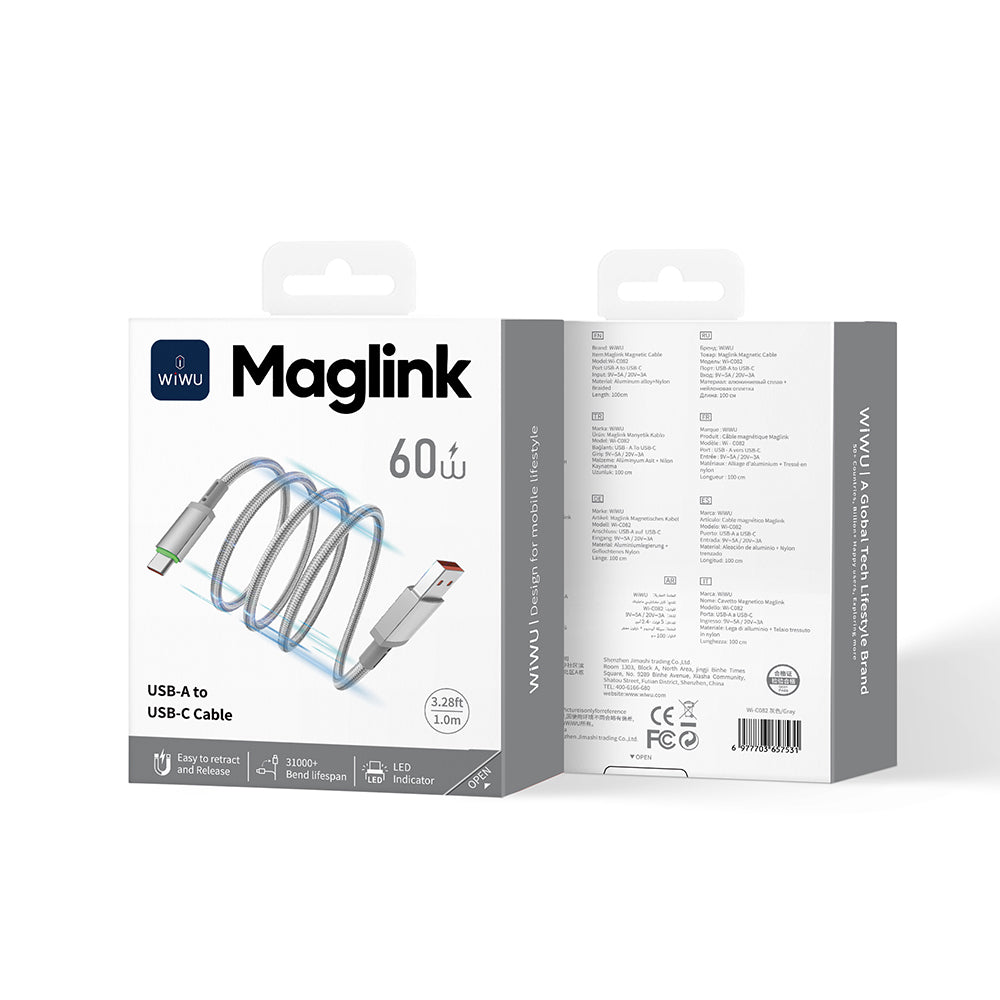 Wiwu Wi-C082 Maglink Serisi LED Göstergeli USB-A to Type-C Hızlı Şarj Özellikli Data ve Şarj Kablosu 60W 1M