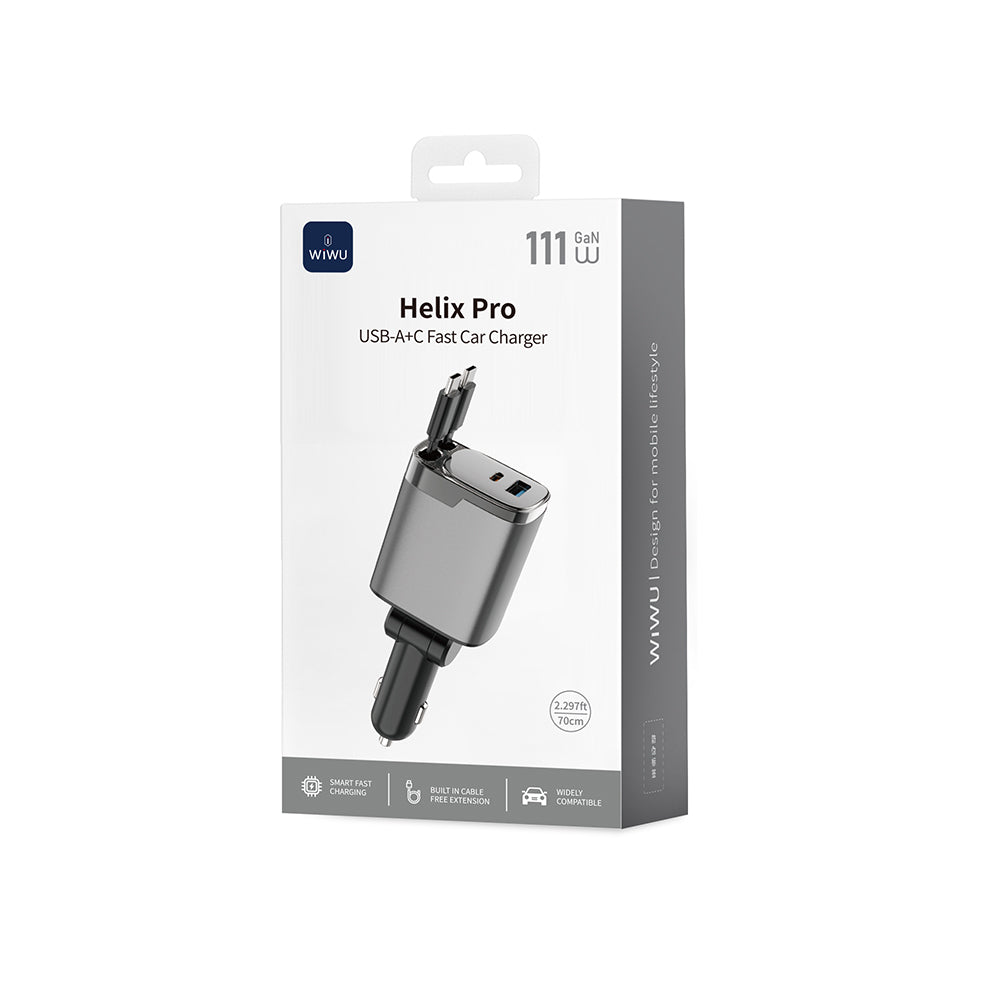 Wiwu Wi-CC034 Type-C + USB-A Hızlı Şarj Özellikli GaN Teknolojili Dahili Kablolu Araç Şarj Aleti 111W