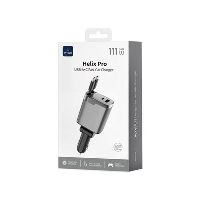 Wiwu Wi-CC034 Type-C + USB-A Hızlı Şarj Özellikli GaN Teknolojili Dahili Kablolu Araç Şarj Aleti 111W