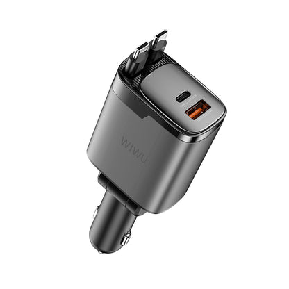 Wiwu Wi-CC034 Type-C + USB-A Hızlı Şarj Özellikli GaN Teknolojili Dahili Kablolu Araç Şarj Aleti 111W