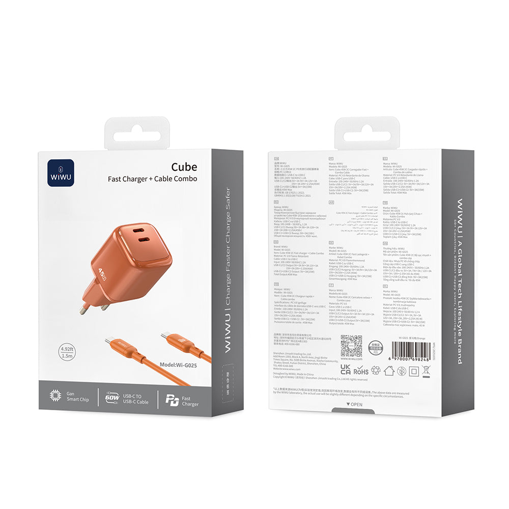 Wiwu Wi-G025 Cube Serisi Type-C to Type-C GaN Tech Hızlı Şarj Özellikli Kablolu Şarj Seti 45W