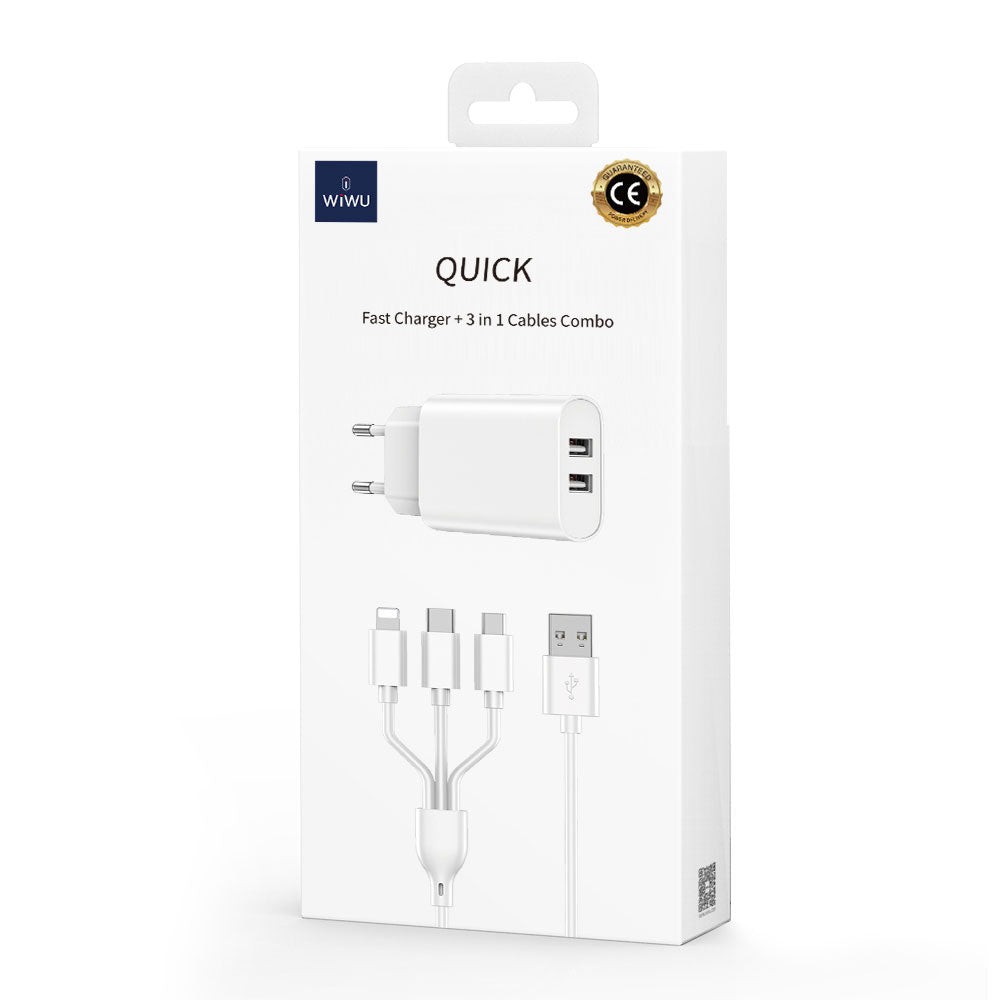 Wiwu Wi-U003 2.1A Çift USB Çıkışlı Hızlı Şarj Seti 3in1 Kablolu Type-C/Lightning/Micro