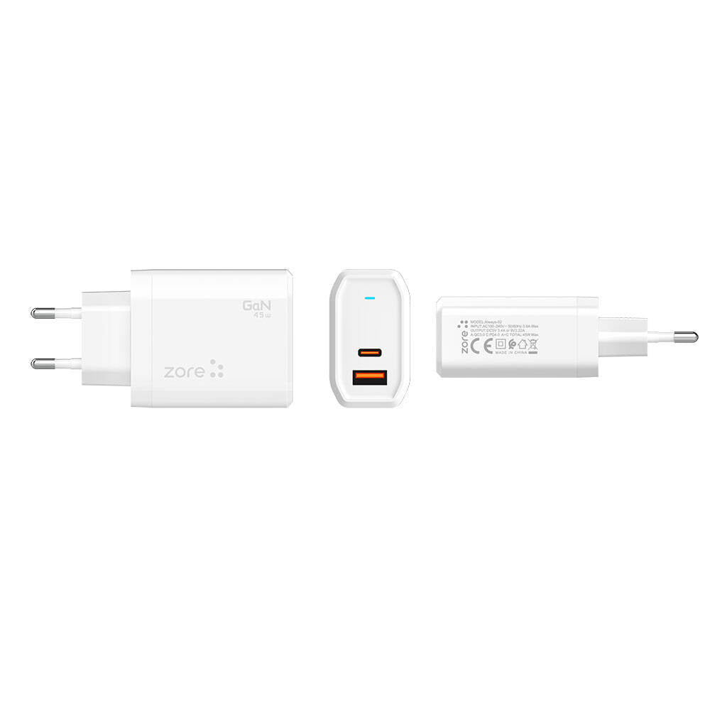 Zore Always-02 GaN Tech Type-C PD4.0 USB-A QC3.0 Hızlı Şarj Özellikli Seyahat Şarj Başlığı 45W